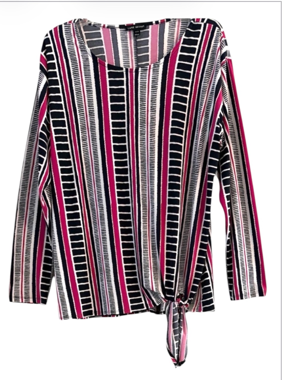 Lane Bryant Tie Hem Blouse Pink Black Vertical Stripe Stretch Knit Top 14/16